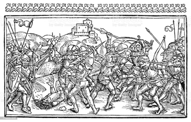 Medieval battle 15th century Original edition from my own archives Source : "Georg Liebe - Der Soldat" 1899 Woodcut from Steffen Arndes ( 1494 ) Bible of Lübeck
