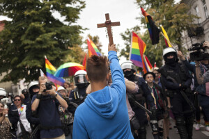 Participant of counter demo tries to block Equality Parade in Plock, Poland on 10 August, 2019. (Photo by Maciej Luczniewski/NurPhoto via Getty Images)