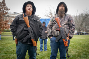 FRANKFORT, KY - JANUARY 31: Supporters of the Second Amendment carry semi-automatic rifles at the State Capitol during a rally on January 31, 2020 in Frankfort, Kentucky. Advocates from across the state gathered at the Kentucky Capitol in support of the Second Amendment. The rally will include speeches from Rep. Thomas Massie (R-KY) and former Washington, D.C. Special Police Officer, Dick Heller.  (Photo by Bryan Woolston/Getty Images)